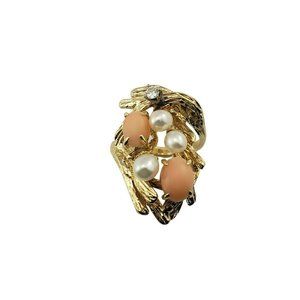 Vintage 14 Karat Coral, Pearl and Diamond Ring Size 5.75 #11326